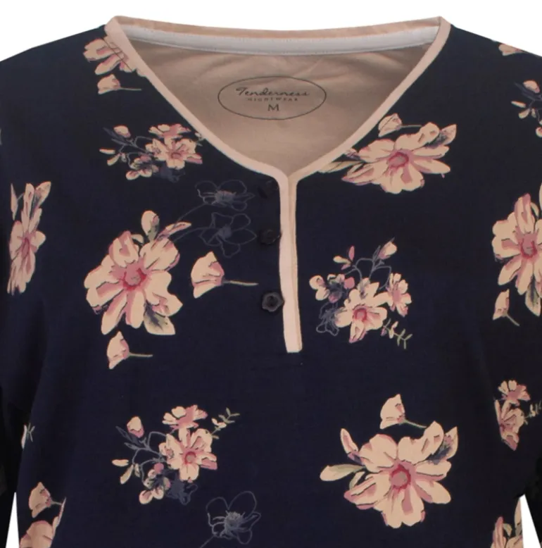 Dames nachthemd bloemen donkerblauw