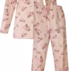 Dames pyjama door knoop roosjes roze