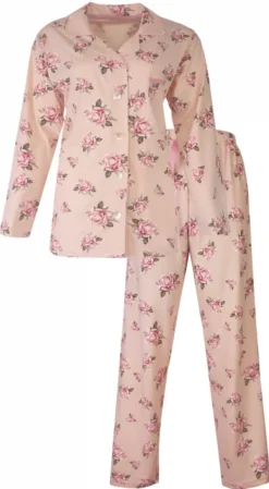 Dames pyjama door knoop roosjes roze