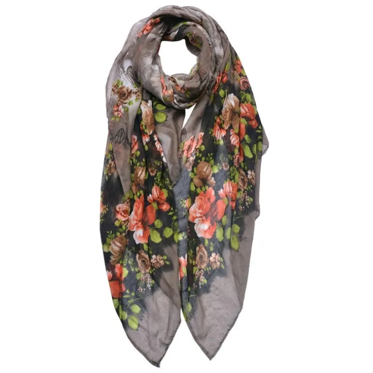 Dames sjaal rozen zwart/taupe