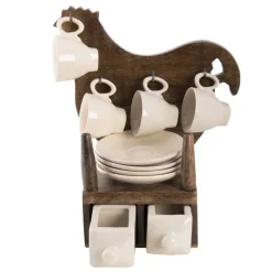 Decoratie houten kip met 4 espresso kop en schotels