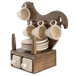 Decoratie houten kip met 4 espresso kop en schotels