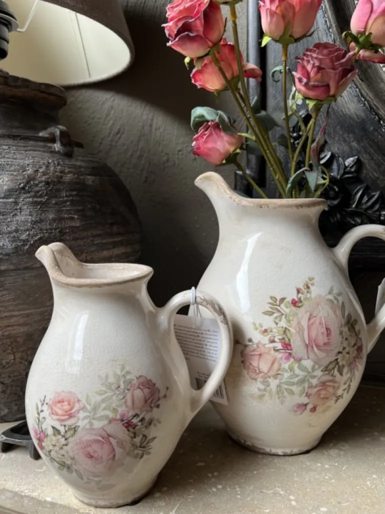 Decoratie kan met tuit rozen beige (S) 16*12*19