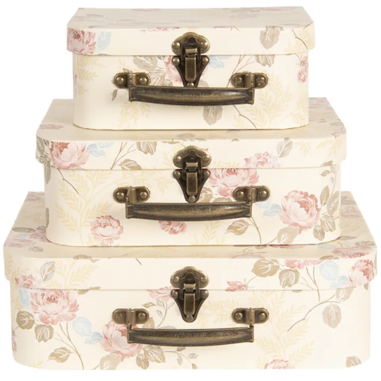 Decoratie kofferset (3) gebloemd creme