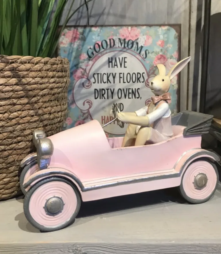 Decoratie konijn in roze auto
