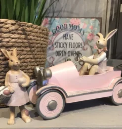 Decoratie konijn in roze auto