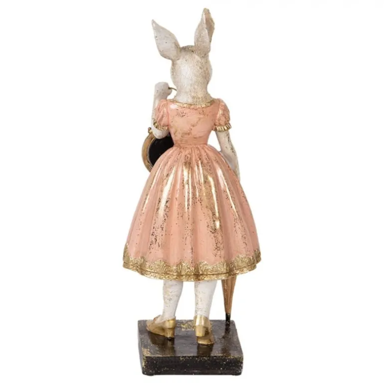 Decoratie konijn met klokje roze 35cm