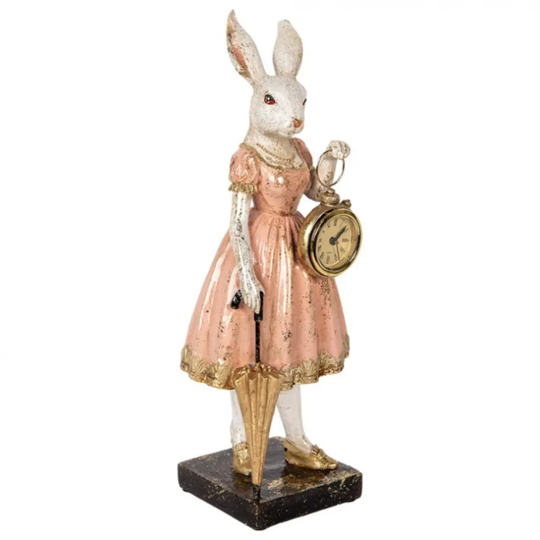 Decoratie konijn met klokje roze 35cm