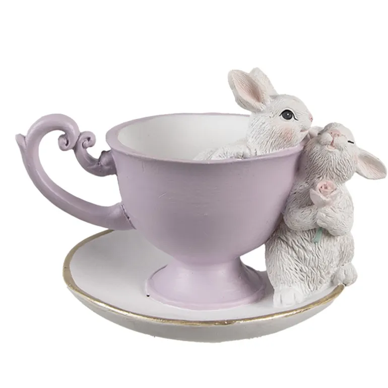 Decoratie kop en schotel met 2 konijntjes 16*13