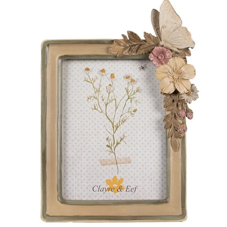 Fotolijst bloemen en vlinder taupe/groen 13*18