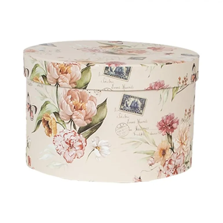 Hoedendoos (3) beige bloemen en vlinders