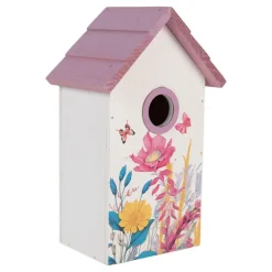Houten vogelhuis bloemen wit/roze