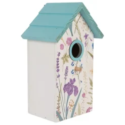 Houten vogelhuis bloemen wit/blauw