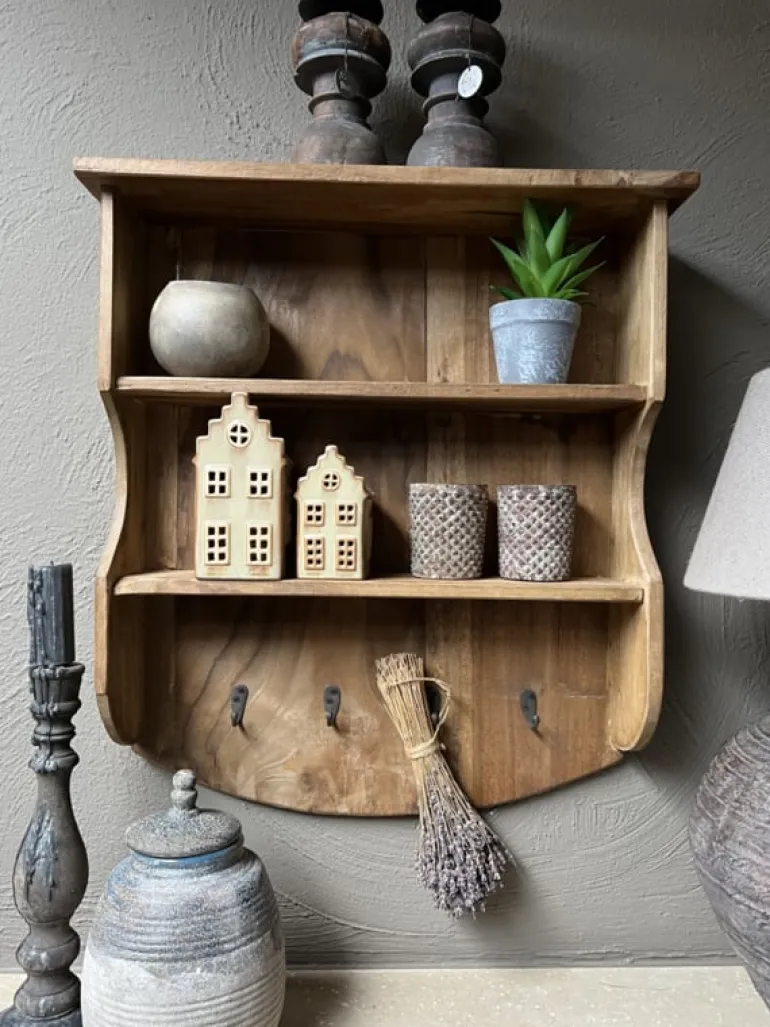 Houten wandplank/kapstok 4 haken 56*46*13