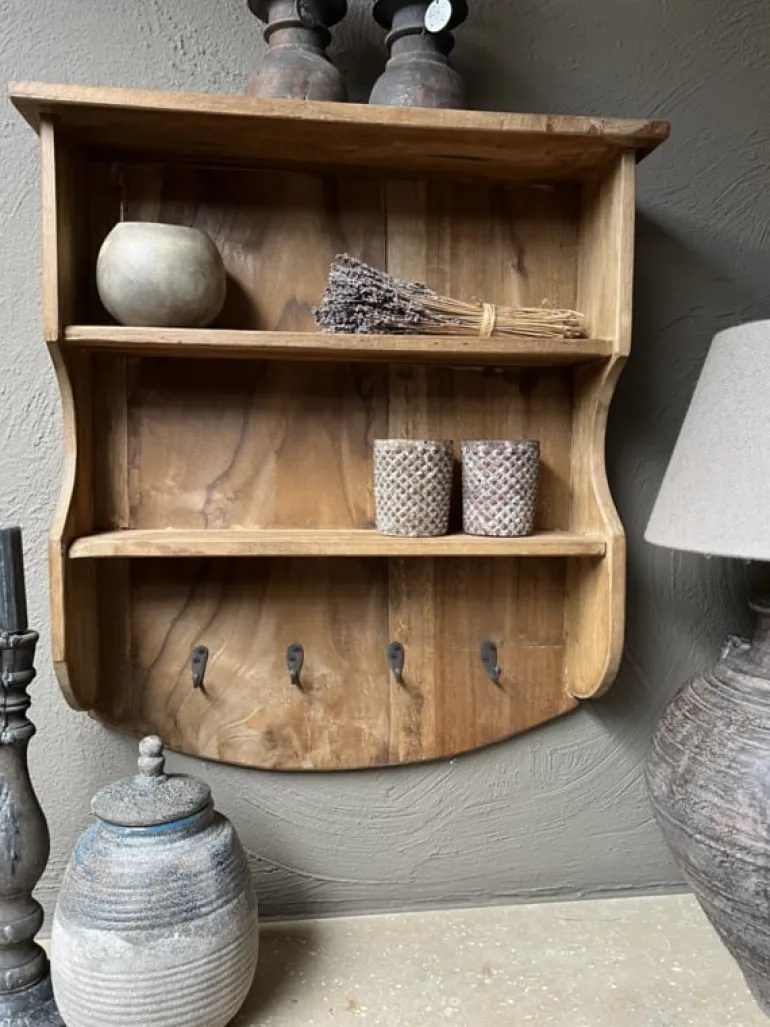 Houten wandplank/kapstok 4 haken 56*46*13