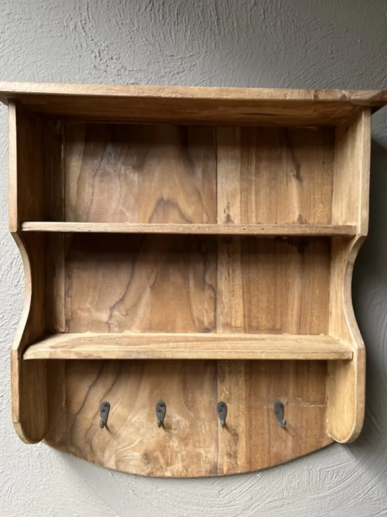 Houten wandplank/kapstok 4 haken 56*46*13