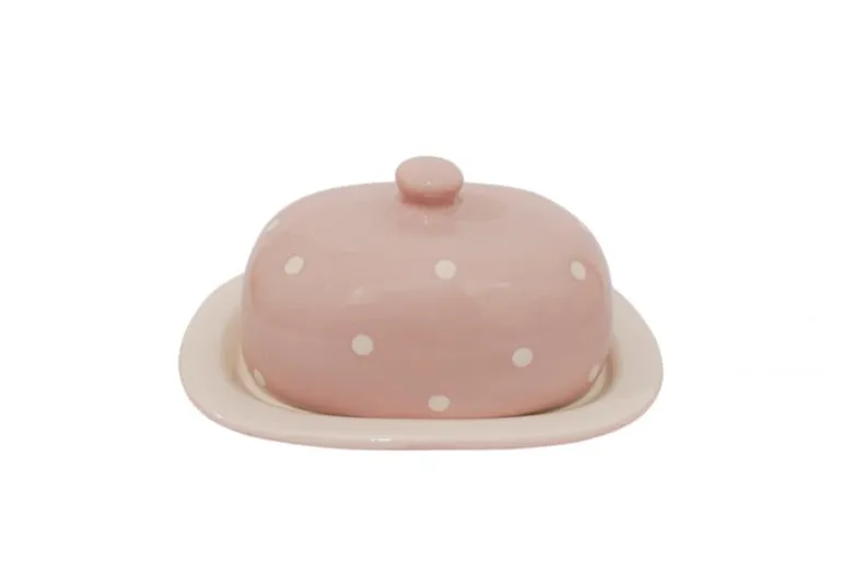 Keramiek botervloot roze witte stippen