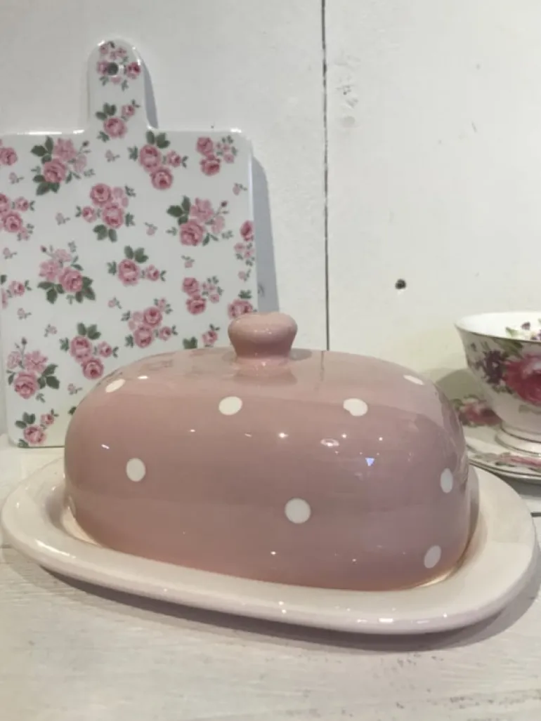 Keramiek botervloot roze witte stippen