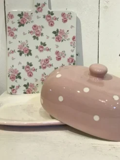 Keramiek botervloot roze witte stippen