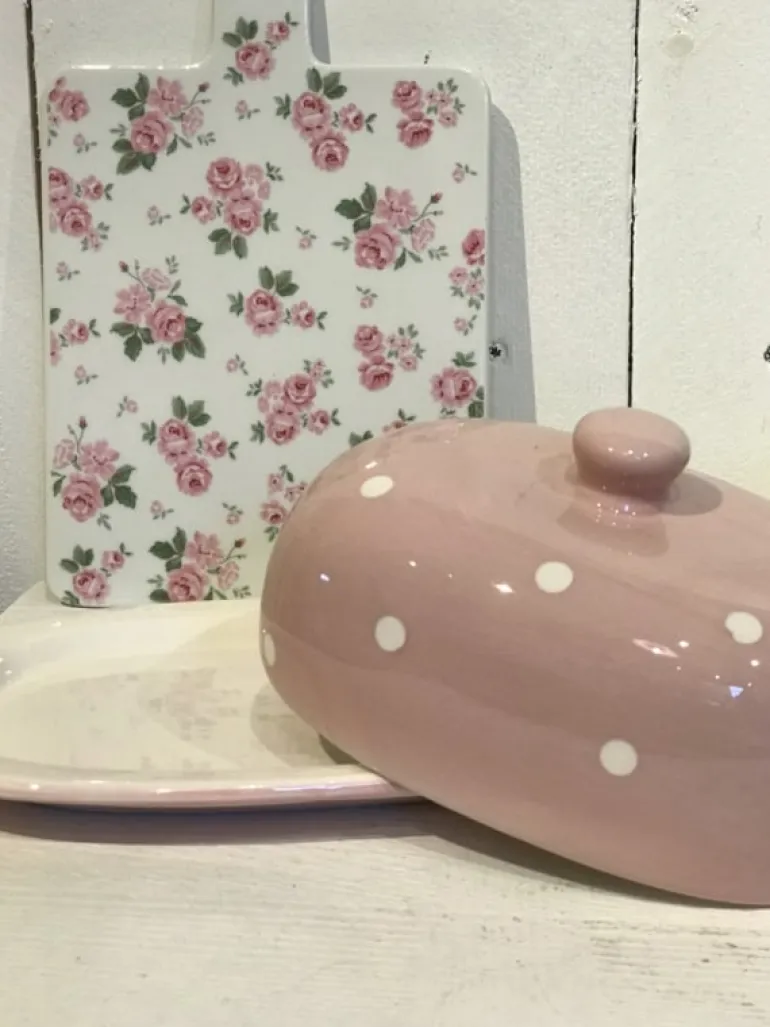 Keramiek botervloot roze witte stippen