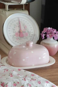 Keramiek botervloot roze witte stippen