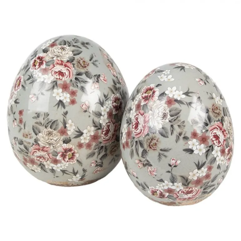 Keramiek decoratie ei (L) met roosjes grijs 14*16