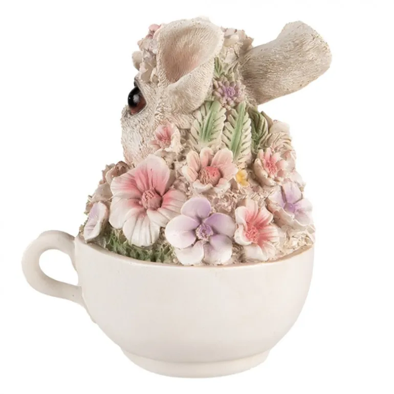 Konijn in kopje wit met bloemetjes