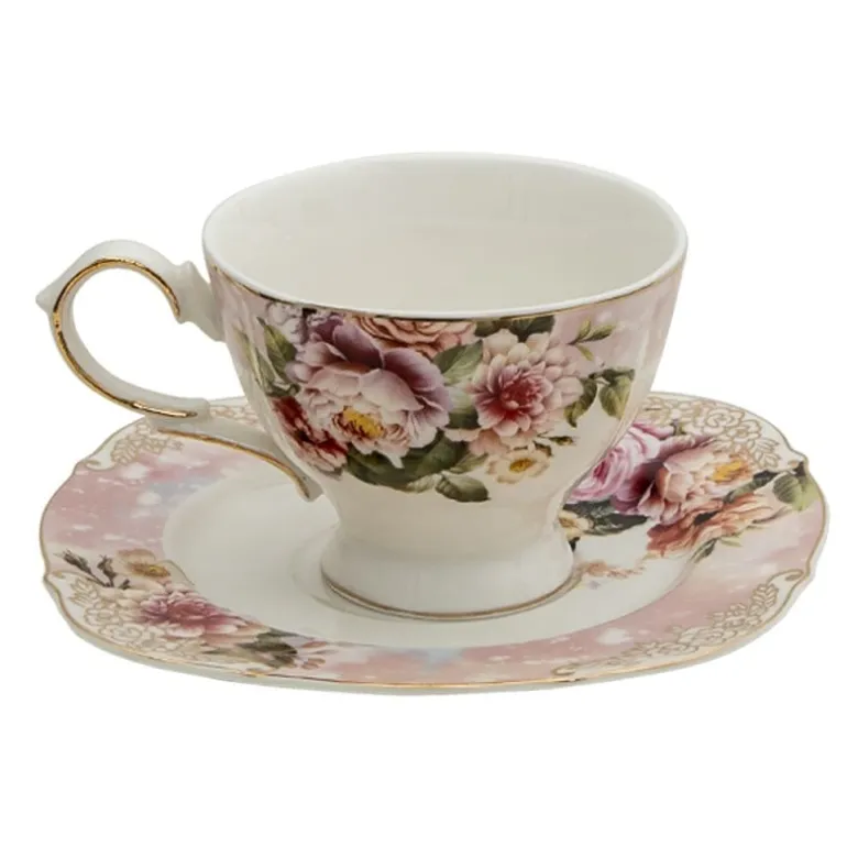 Kop en schotel bloemen roze