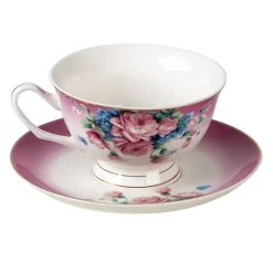 Kop en schotel paars/roze rozen