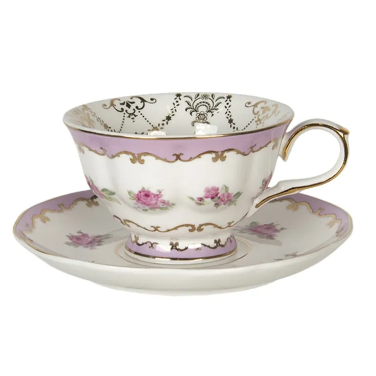 Kop en schotel roosjes roze/goud