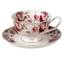 Kop en schotel roosjes rood/roze