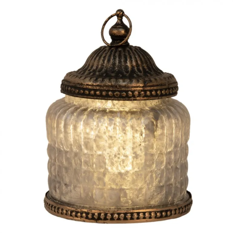 Lantaarn met LED 10*13 bruin/grijs glas