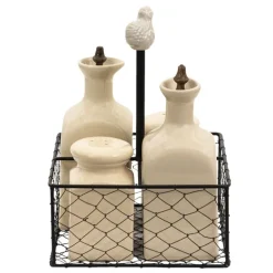 Metalen houder met olie/azijn peper/zoutstel