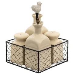 Metalen houder met olie/azijn peper/zoutstel