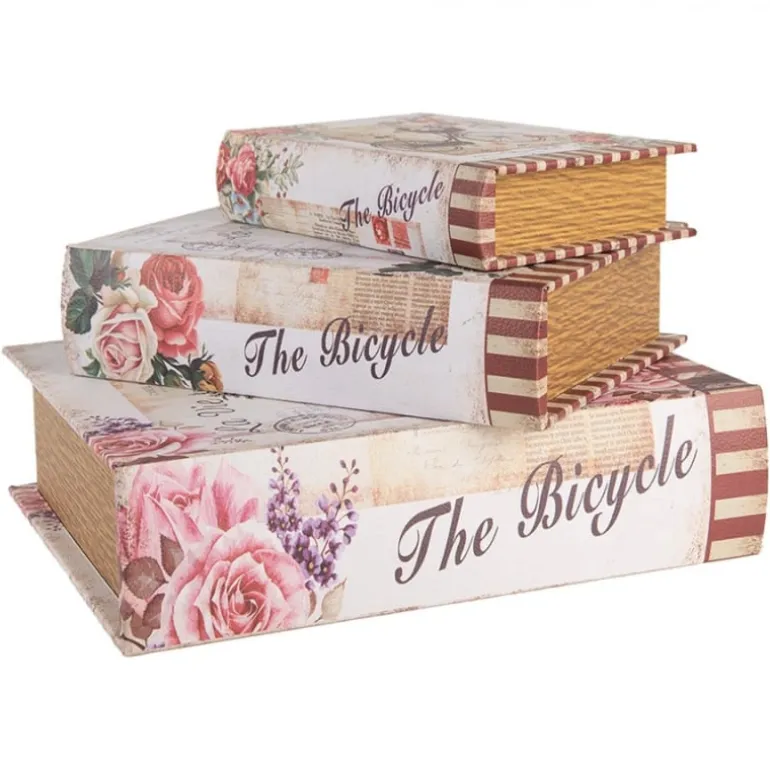 Opbergdozen set van 3 houten boeken fiets