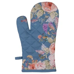 Ovenhandschoen blauw met bloemen