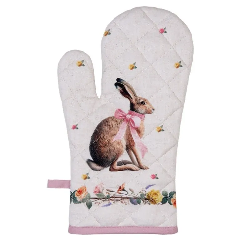Ovenhandschoen haas en roosjes roze
