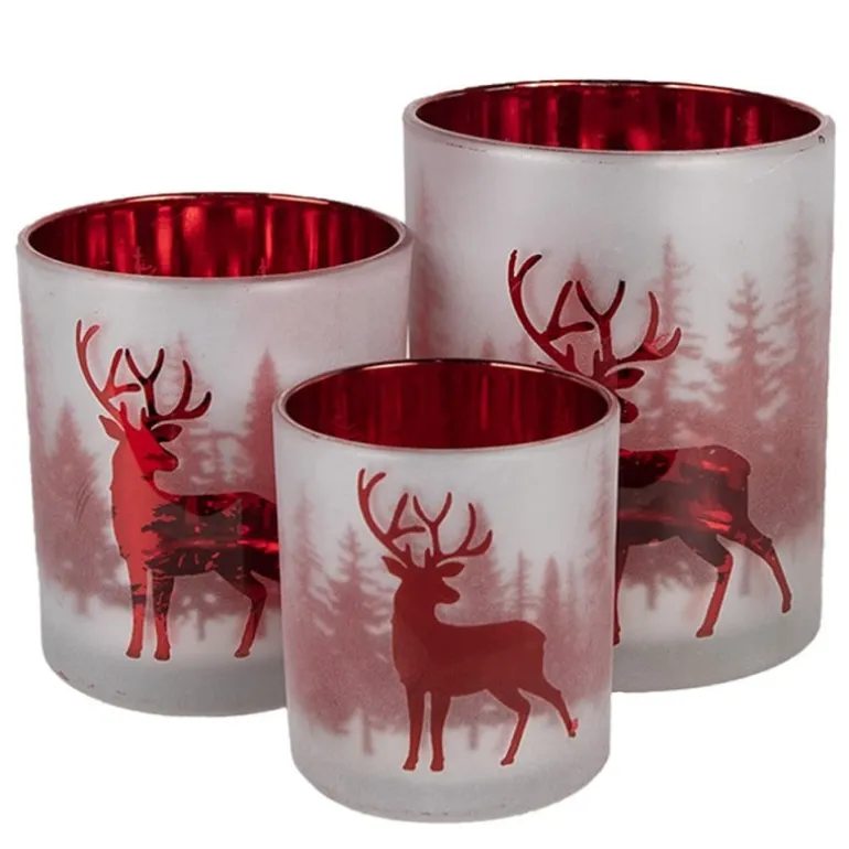Set van 3 waxinelichthouders hert rood/wit