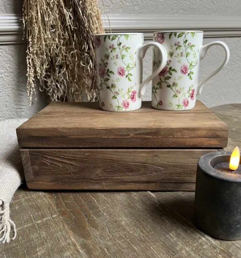 Stoer landelijk houten theedoos 6-vaks