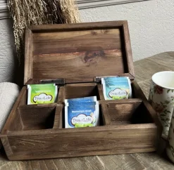 Stoer landelijk houten theedoos 6-vaks