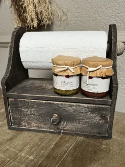 Stoere houten keukenrolhouder met lade vergrijsd 28*33*15