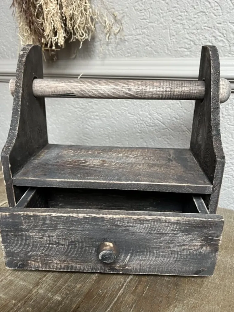 Stoere houten keukenrolhouder met lade vergrijsd 28*33*15