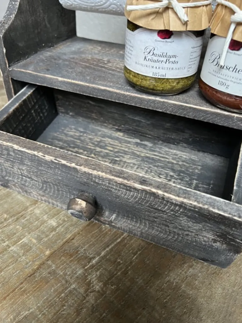 Stoere houten keukenrolhouder met lade vergrijsd 28*33*15