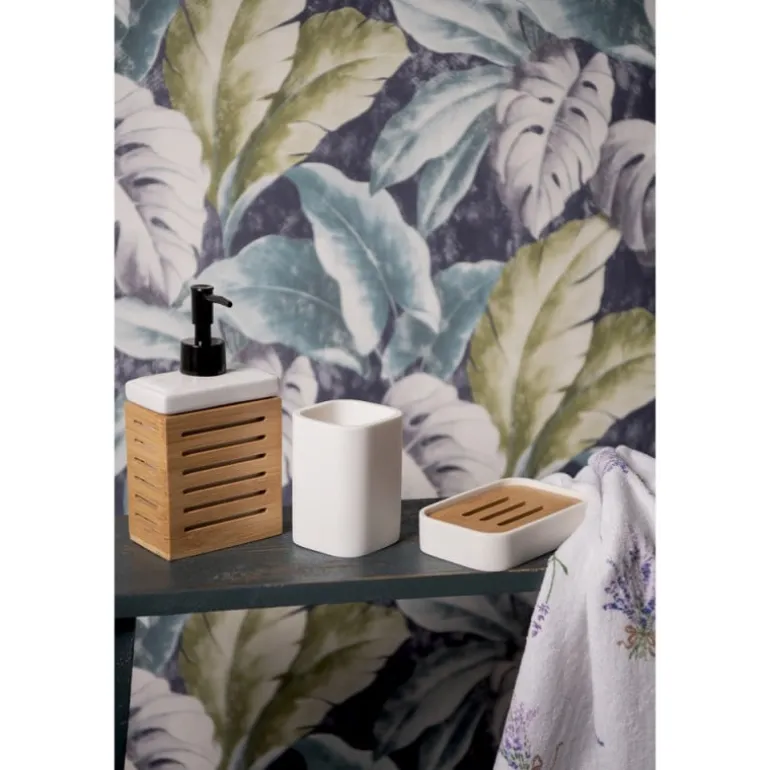 Zeepdispenser wit met houten houder